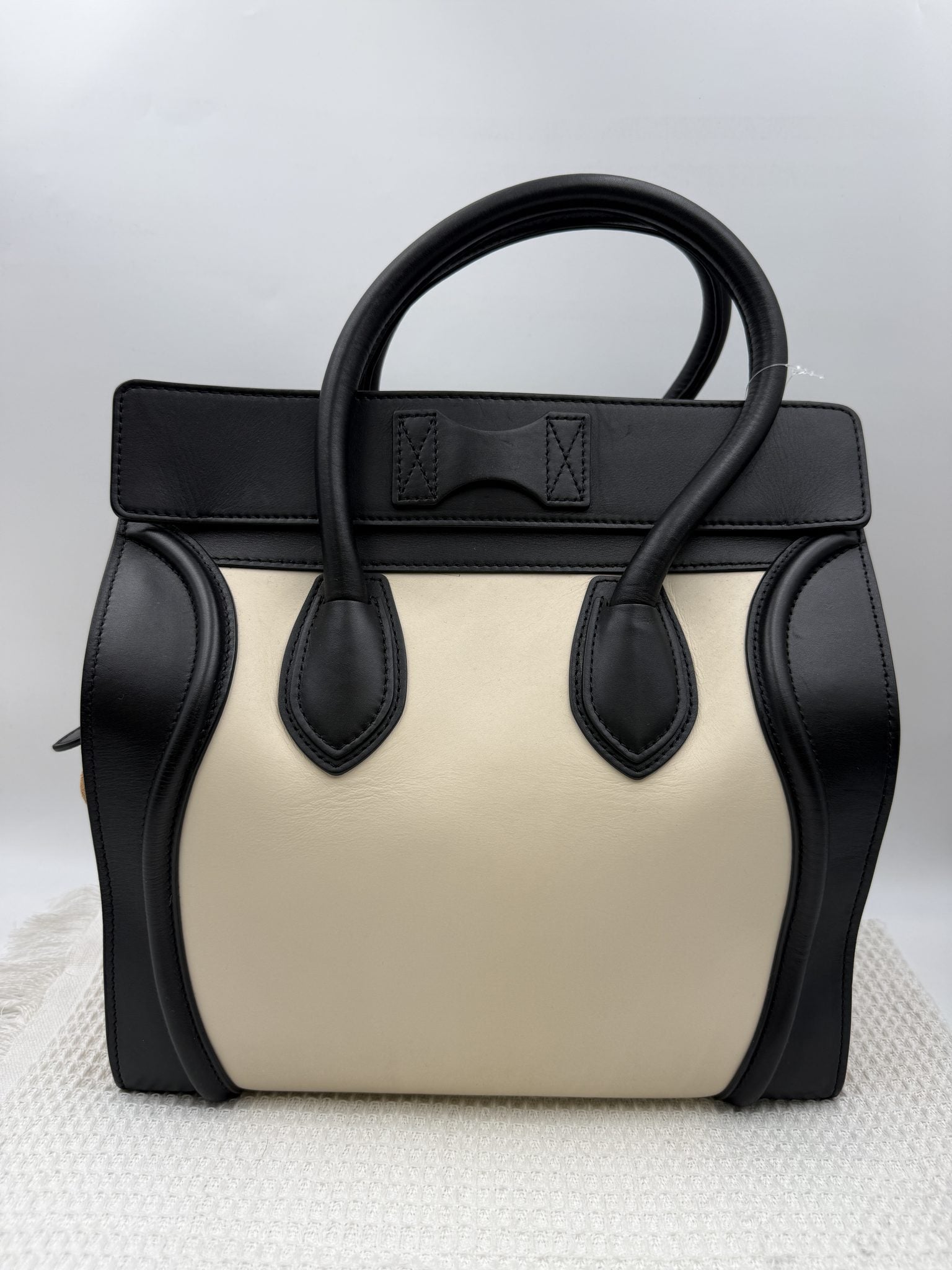 celine mini luggage tote black and cream leather stock no 0073207
