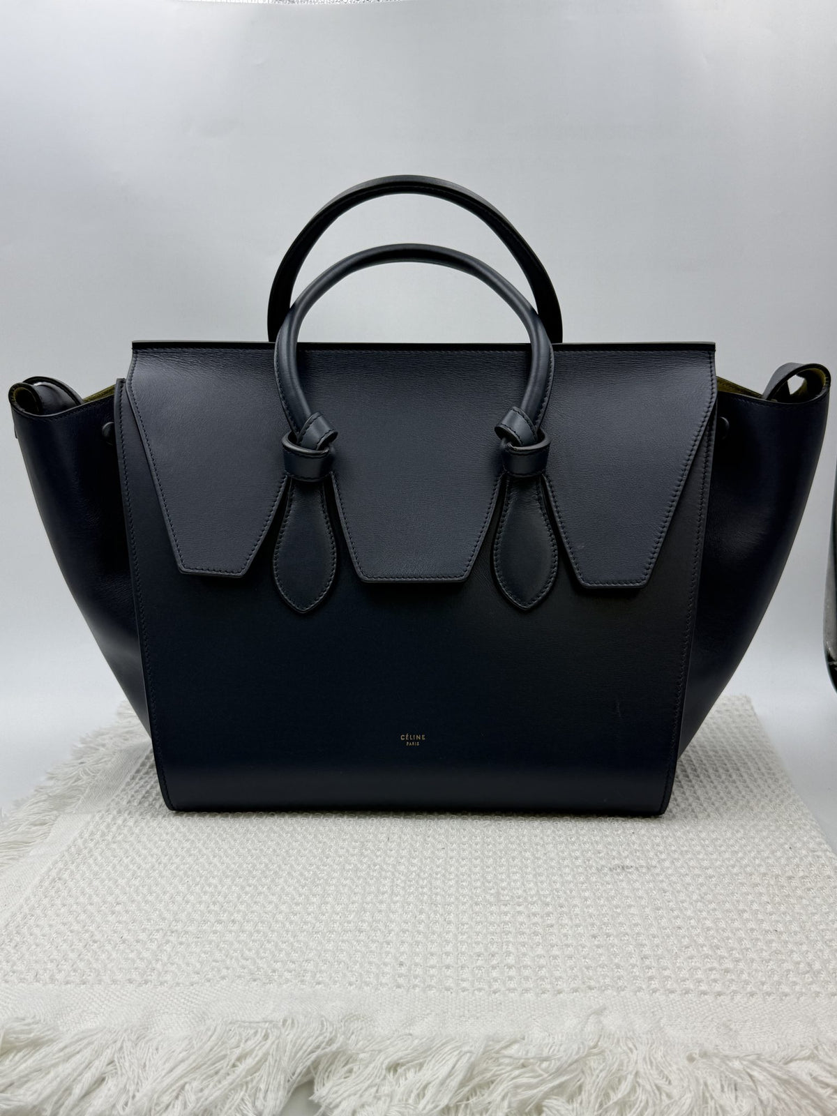 celine tie tote black with yellow lining leather and suede stock no 0073210