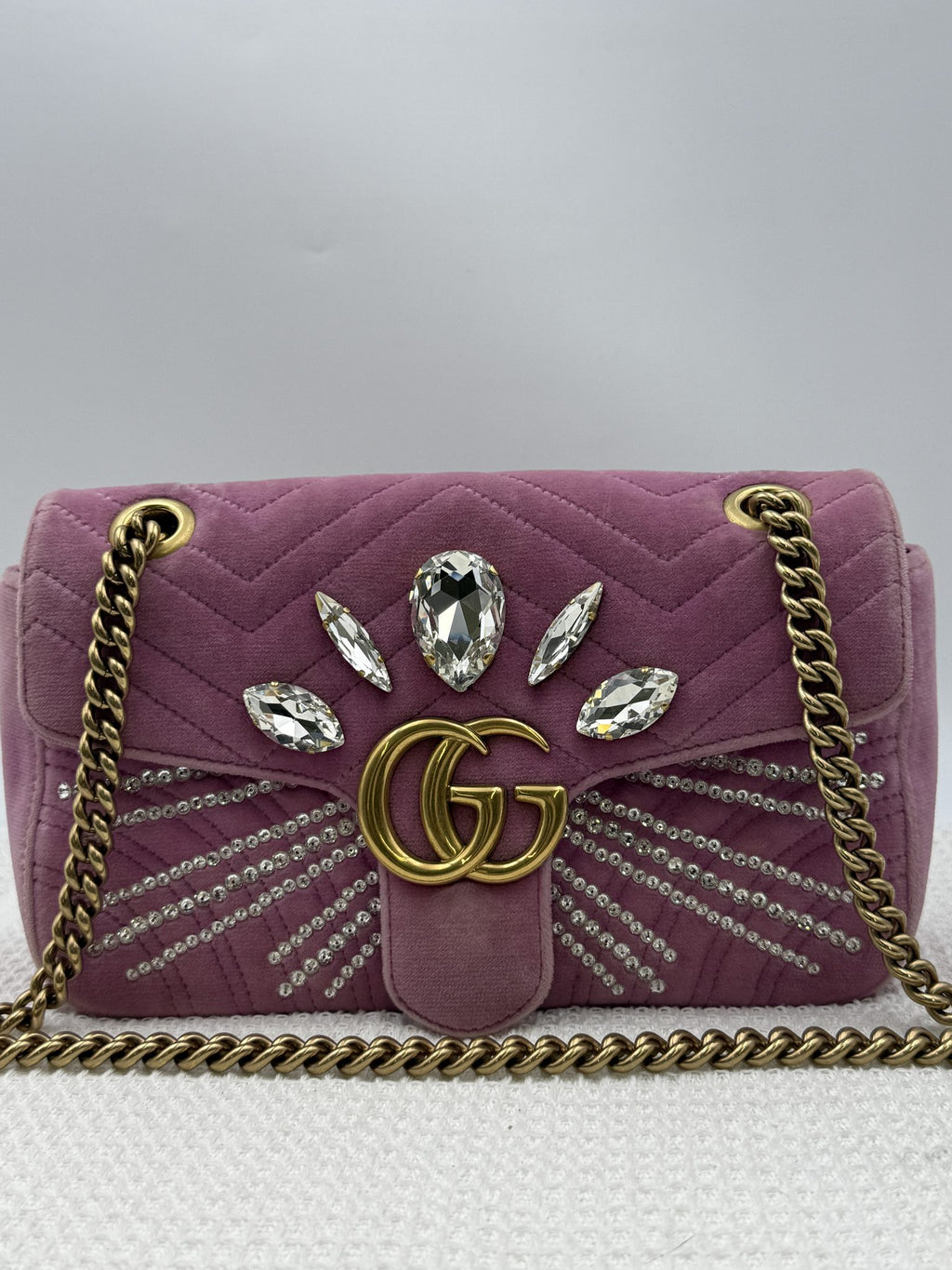 gucci marmont embellished mini pink velvet and leather stock no 0073168