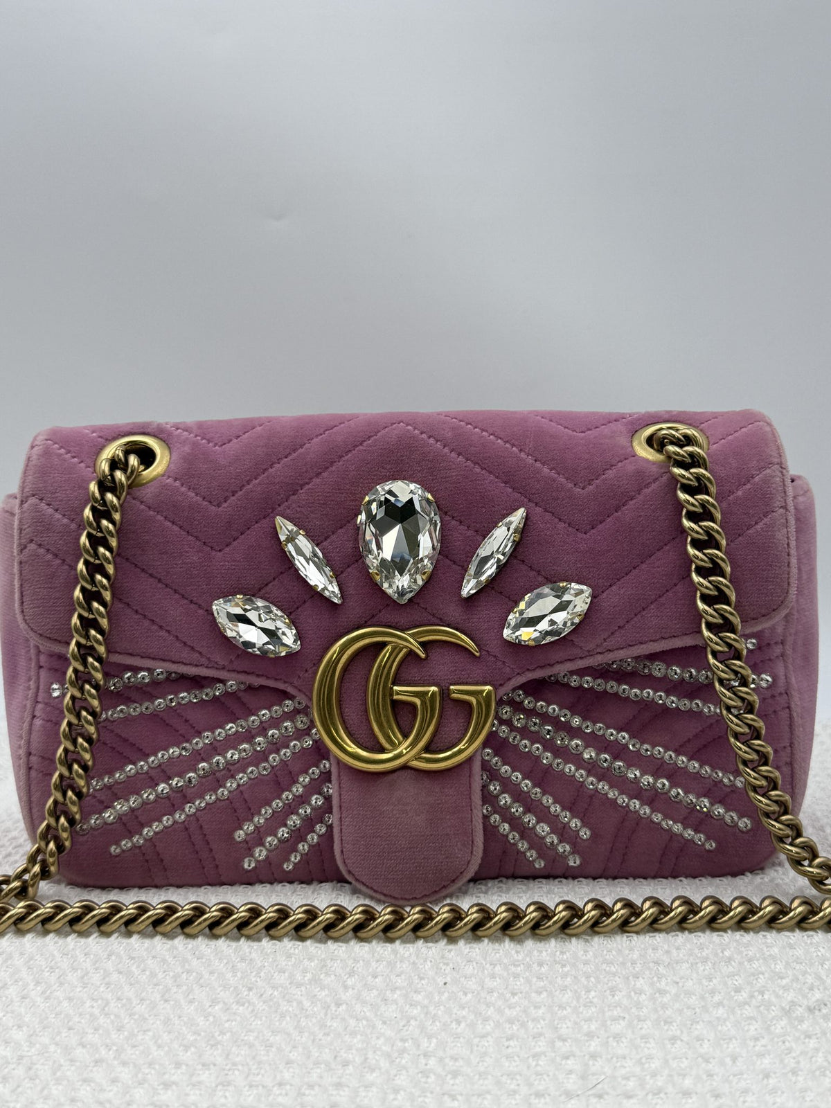 gucci marmont embellished mini pink velvet and leather stock no 0073168