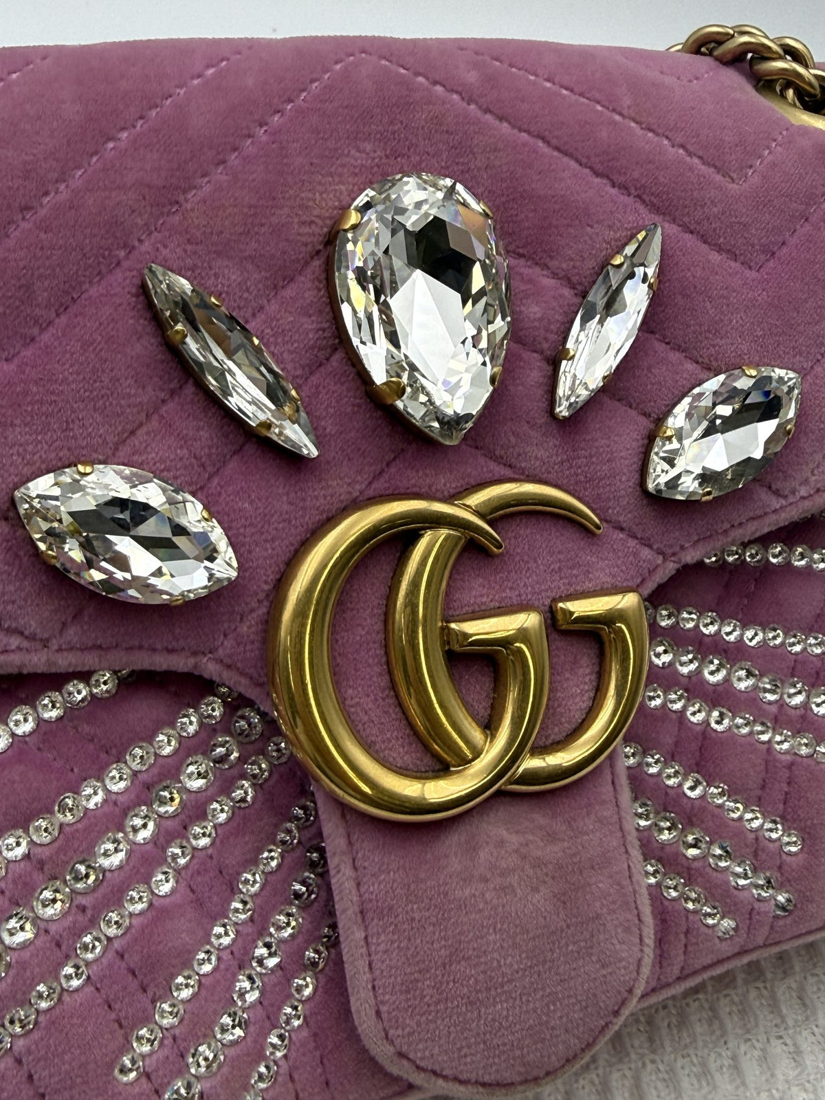 gucci marmont embellished mini pink velvet and leather stock no 0073168