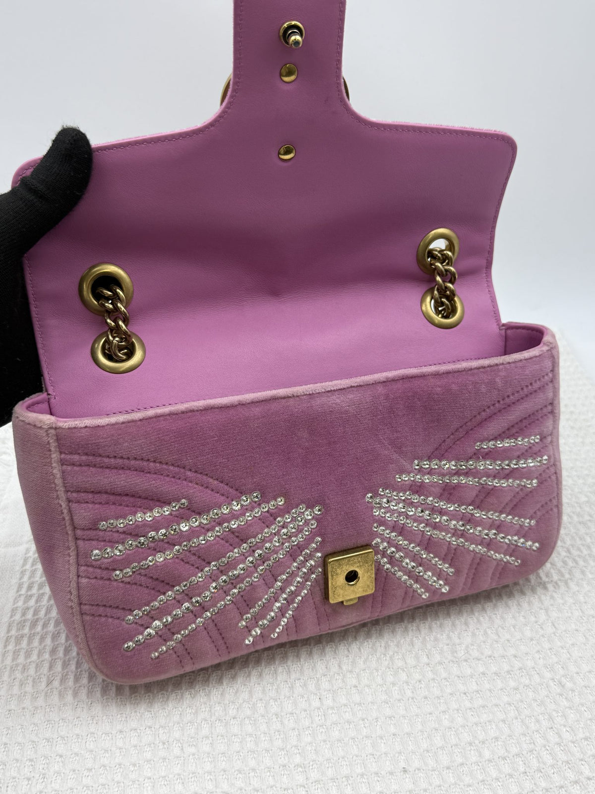 gucci marmont embellished mini pink velvet and leather stock no 0073168