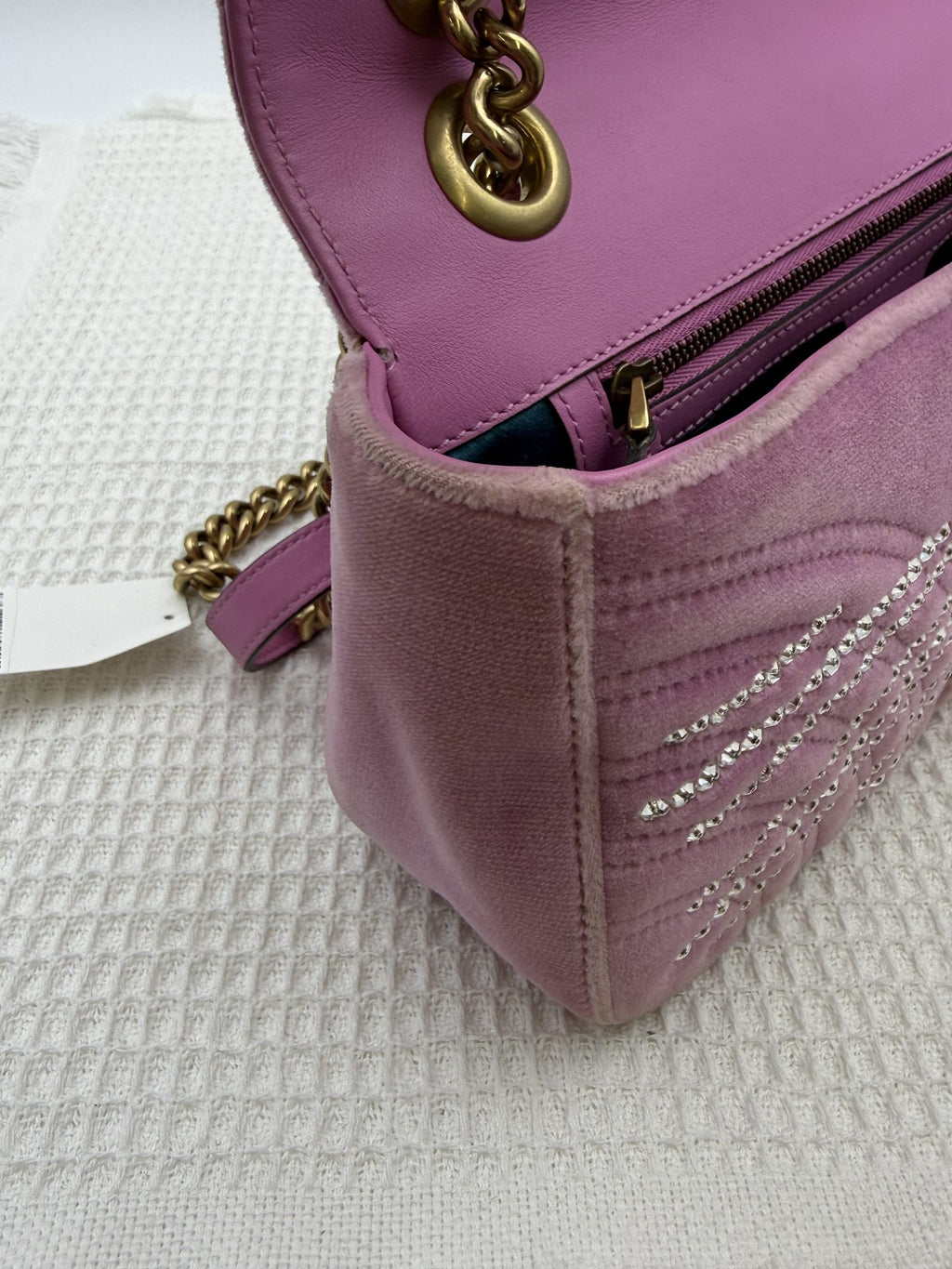 gucci marmont embellished mini pink velvet and leather stock no 0073168