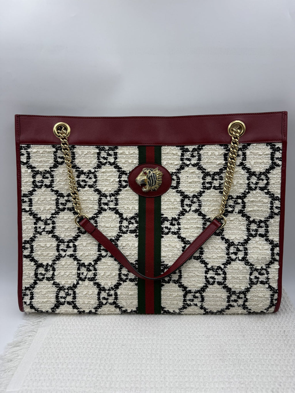 gucci rajah tiger head tote burgundy ivory and black wool and leather stock no 0073222