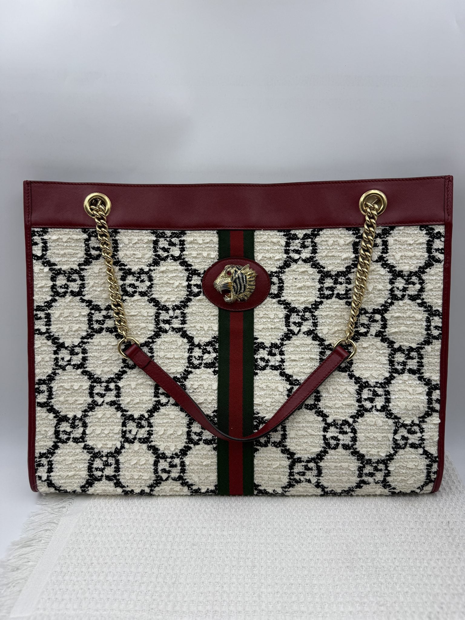 gucci rajah tiger head tote burgundy ivory and black wool and leather stock no 0073222