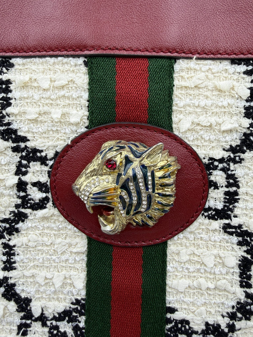 gucci rajah tiger head tote burgundy ivory and black wool and leather stock no 0073222