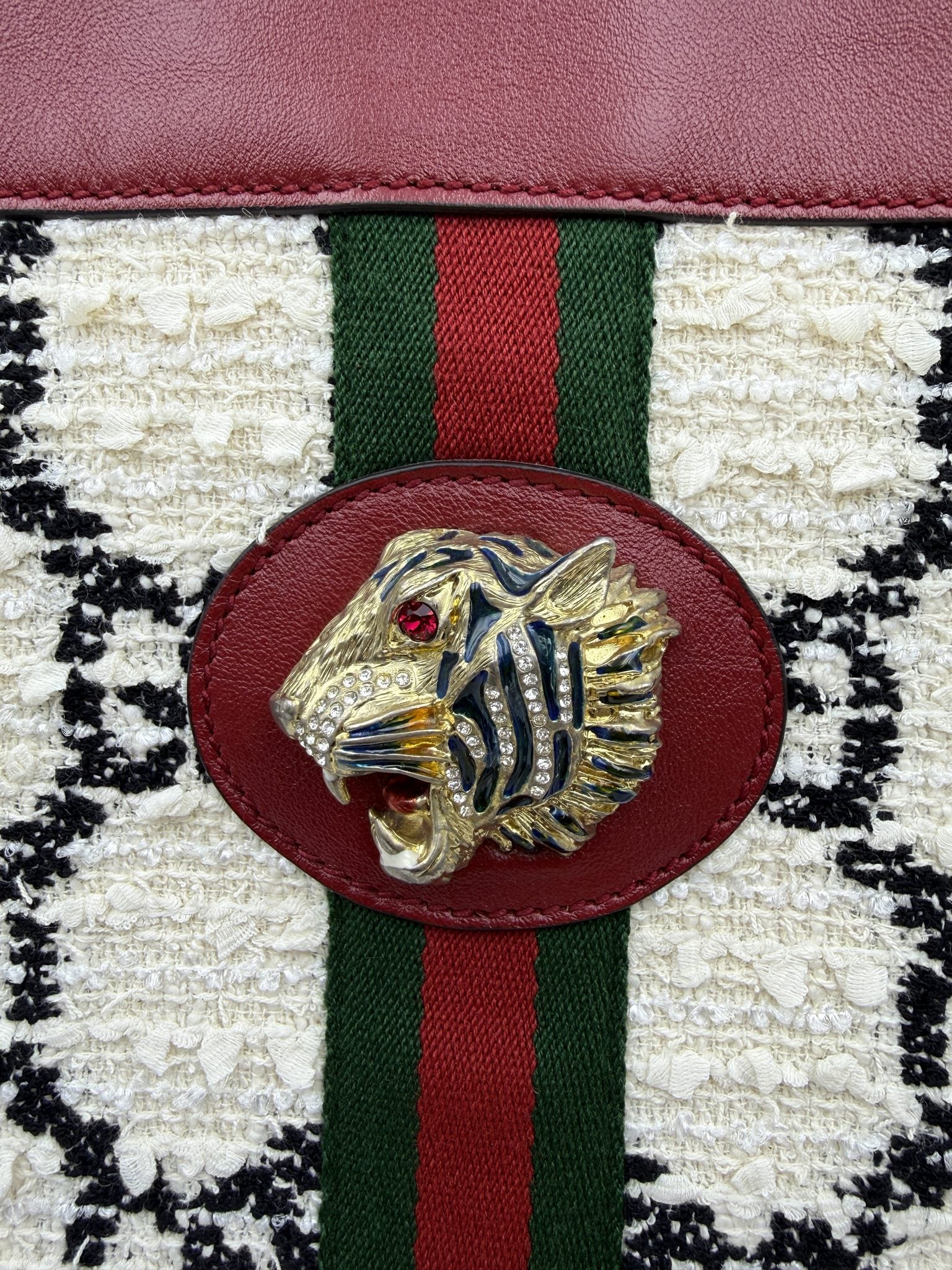 gucci rajah tiger head tote burgundy ivory and black wool and leather stock no 0073222