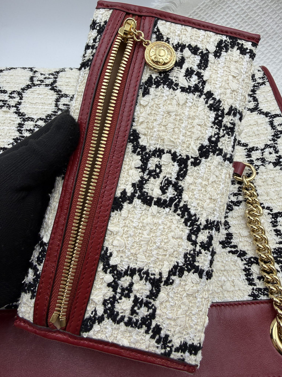 gucci rajah tiger head tote burgundy ivory and black wool and leather stock no 0073222