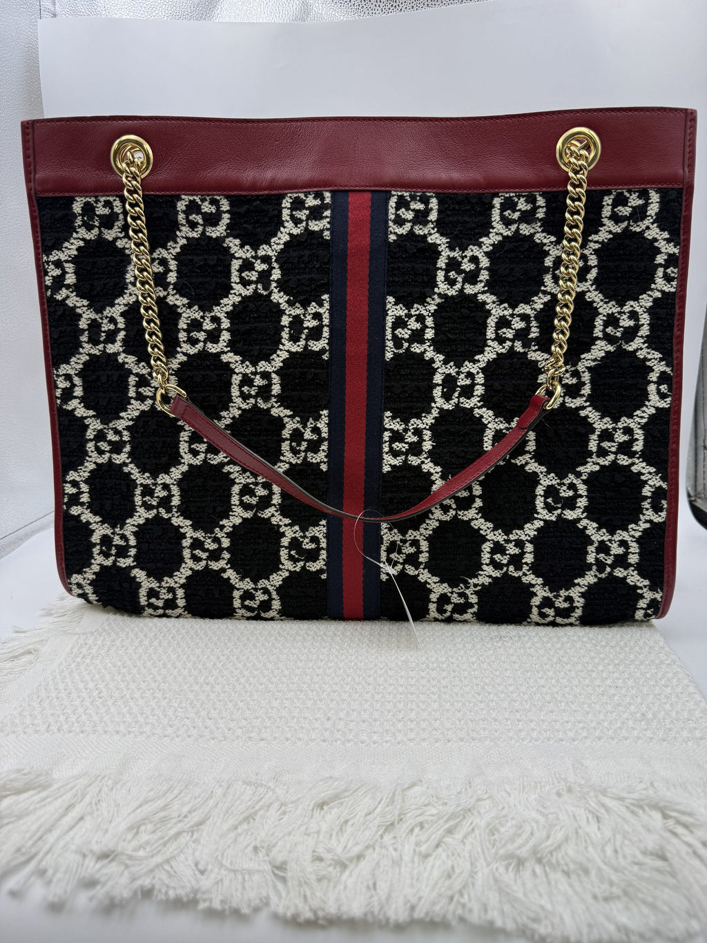 gucci rajah tiger head tote burgundy and black wool and leather stock no 0073225