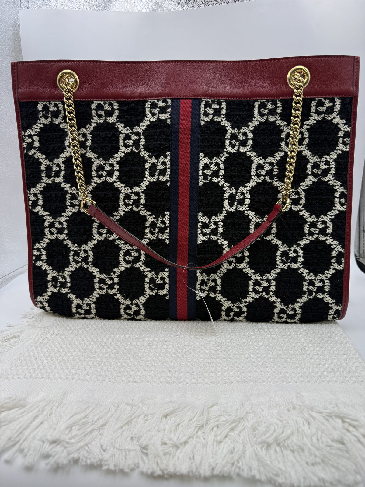 gucci rajah tiger head tote burgundy and black wool and leather stock no 0073225
