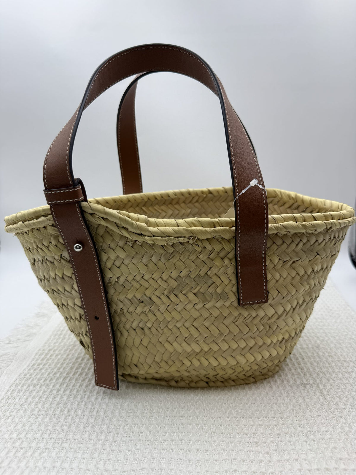 loewe basket natural and tan palm leaf and leather stock no 0166007