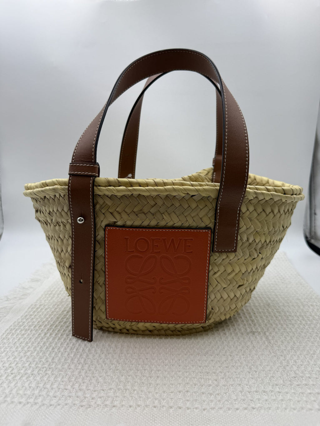 loewe basket natural and tan palm leaf and leather stock no 0166007