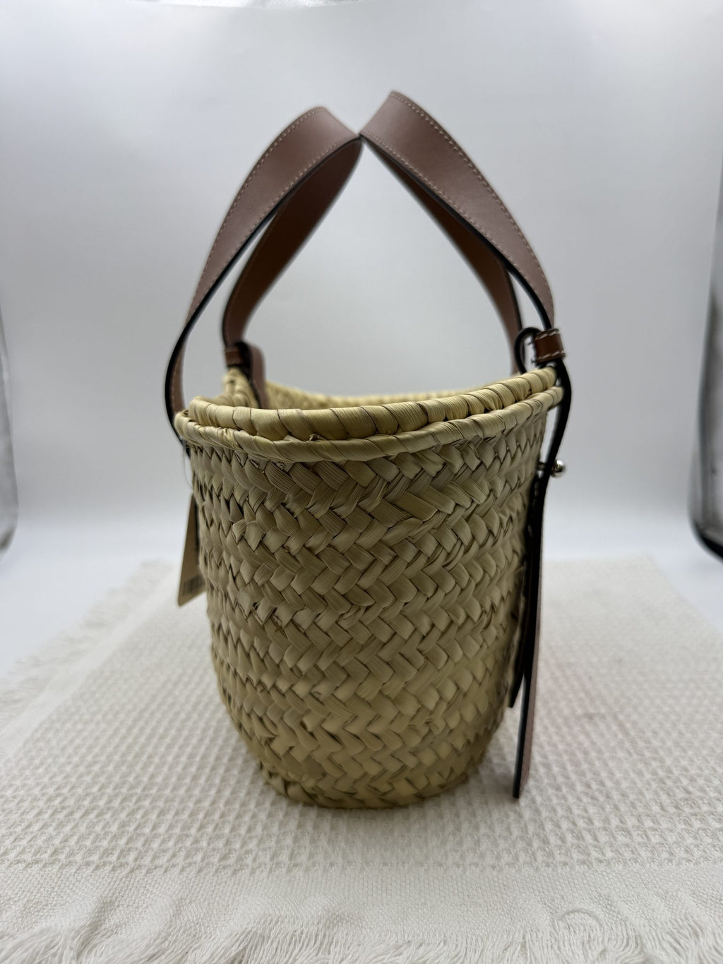 loewe basket natural and tan palm leaf and leather stock no 0166007