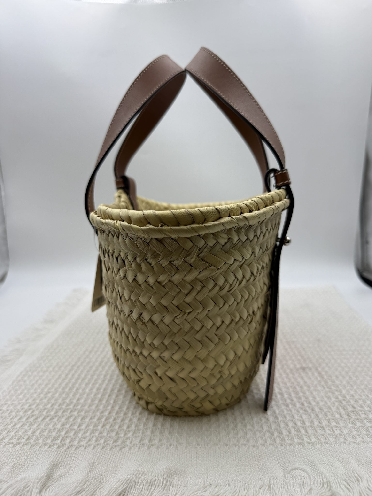 loewe basket natural and tan palm leaf and leather stock no 0166007