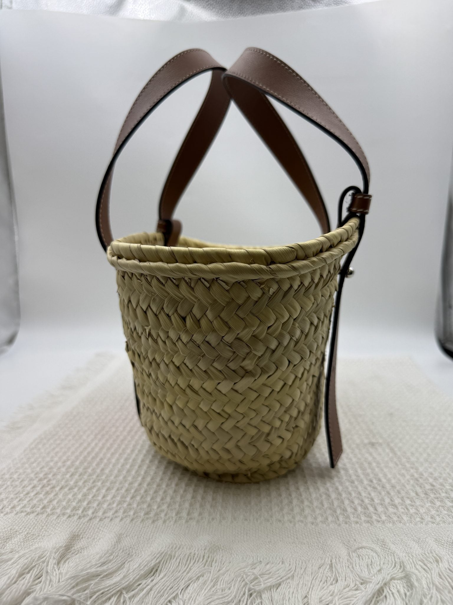 loewe basket natural and tan palm leaf and leather stock no 0166007
