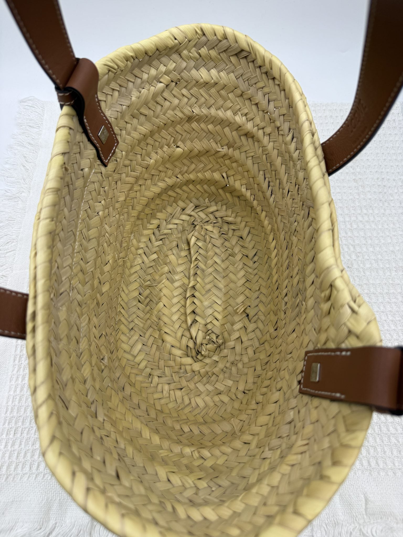 loewe basket natural and tan palm leaf and leather stock no 0166007