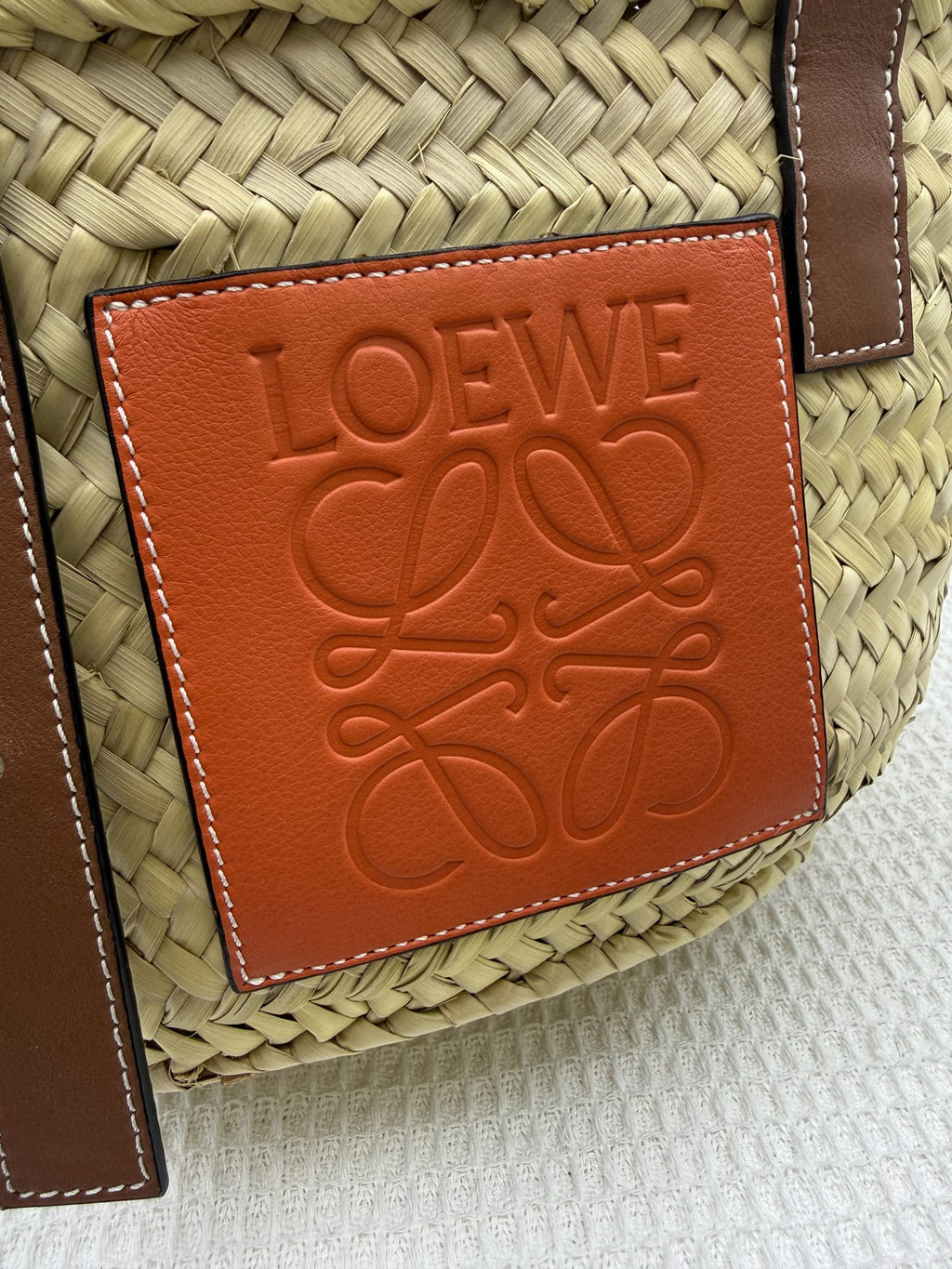 loewe basket natural and tan palm leaf and leather stock no 0166007