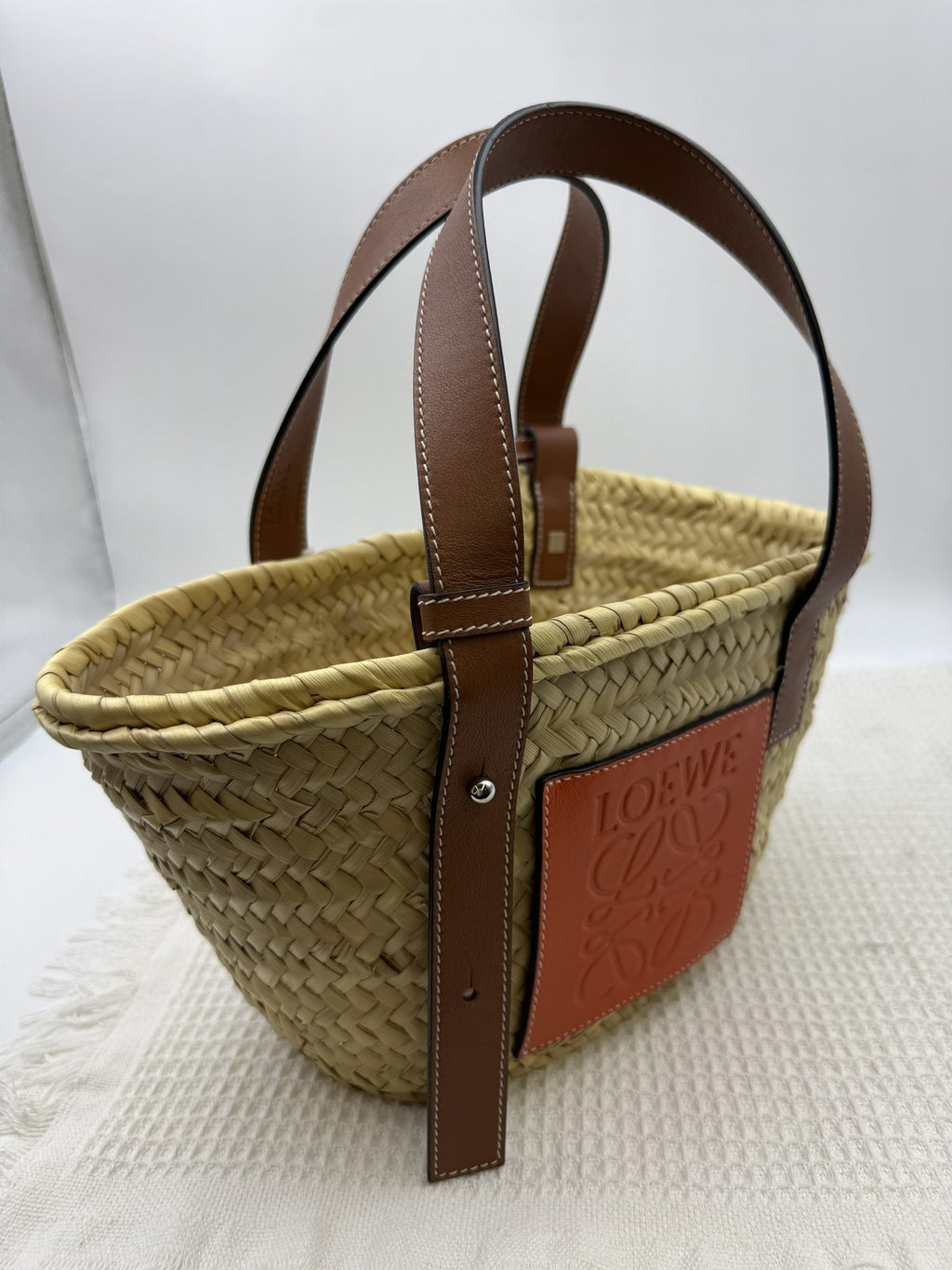 loewe basket natural and tan palm leaf and leather stock no 0166007