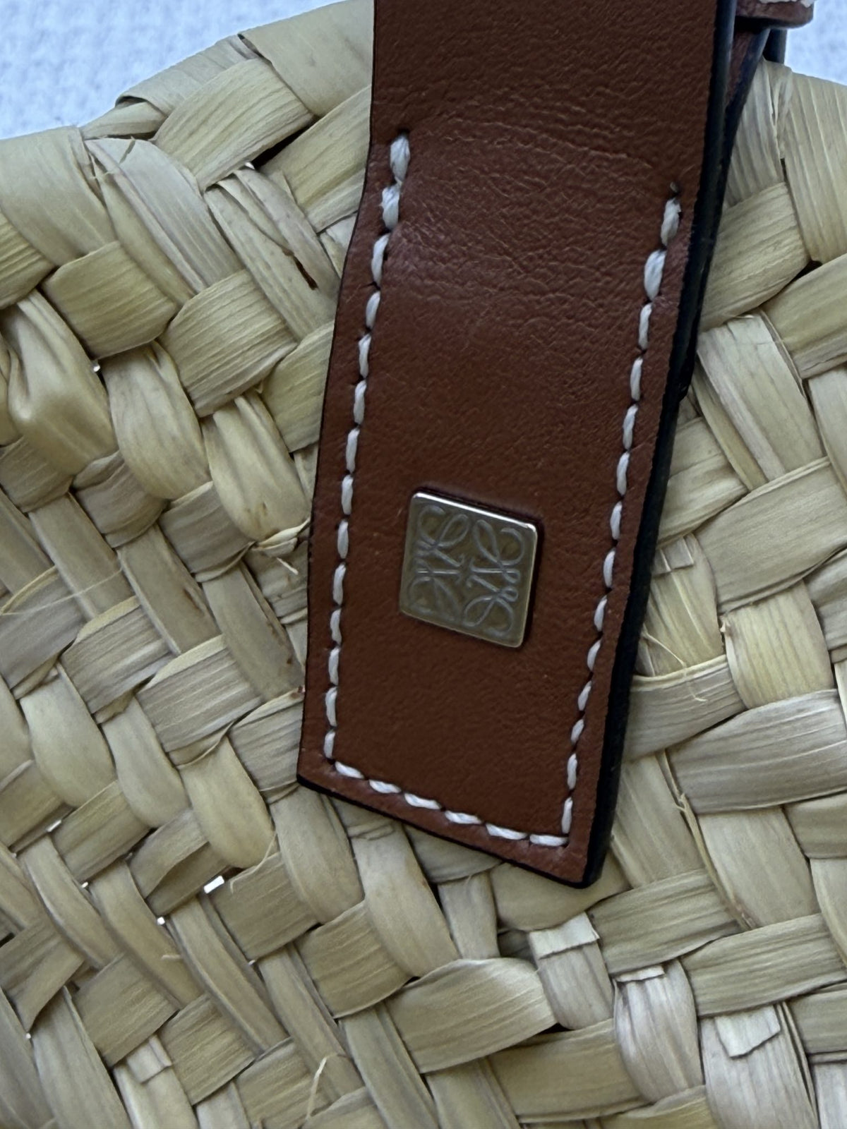 loewe basket natural and tan palm leaf and leather stock no 0166007