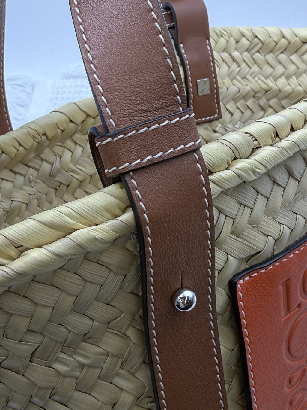 loewe basket natural and tan palm leaf and leather stock no 0166007