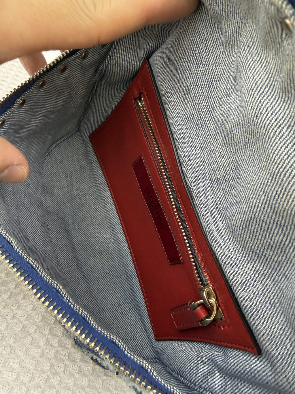 valentino garavani denim studded shoulder bag blue denim and leather stock no 0092112